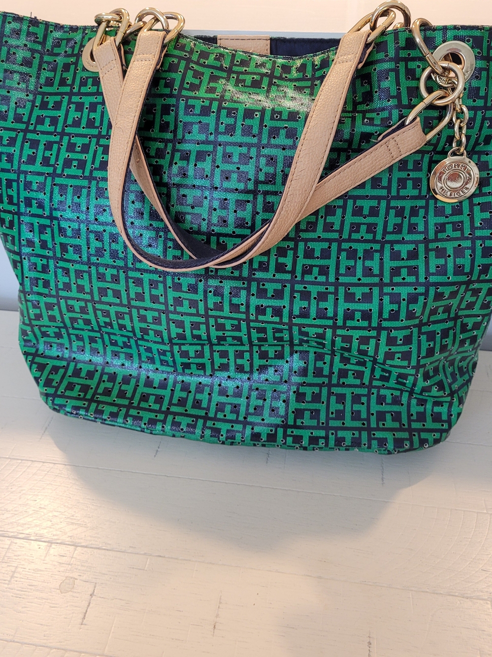 Tommy Hilfiger Vintage Green Geometric Tote with Tan Leather Handles